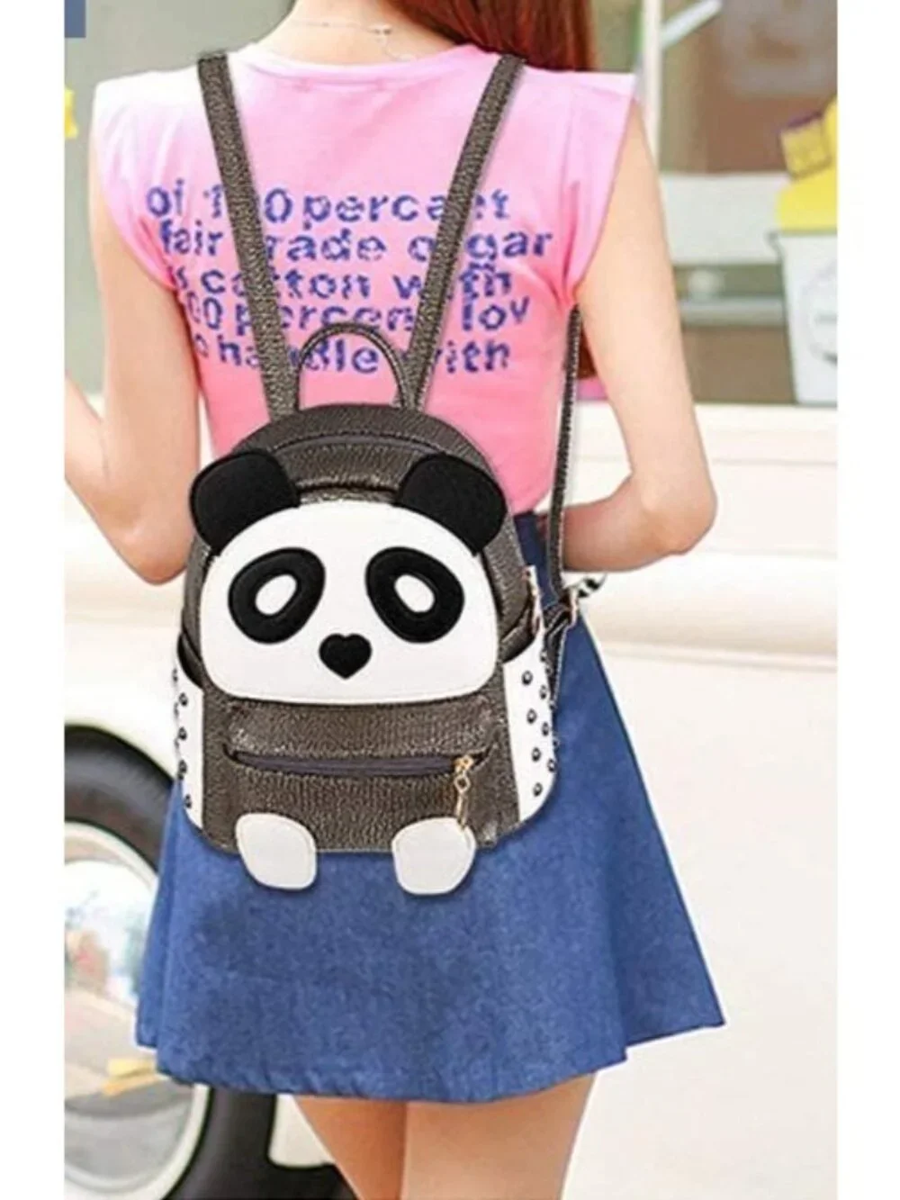 Kingseven PU Rivet Mini Panda Backpack Schoolbag Adorable Back to School